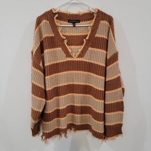 Womens Sweater Size 3X Fringe Slouchy V Neck Neutral